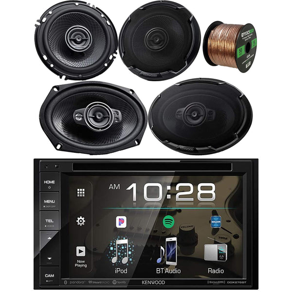 Kenwood Bluetooth USB DVD Player Multimedia Double-DIN AM/FM Radio Receiver w/ 6.2" Display, 2X 6.5 2-Way Car Audio Speakers, 2X 6x9 Oval 5-Way Automotive Speakers, Speaker Wire