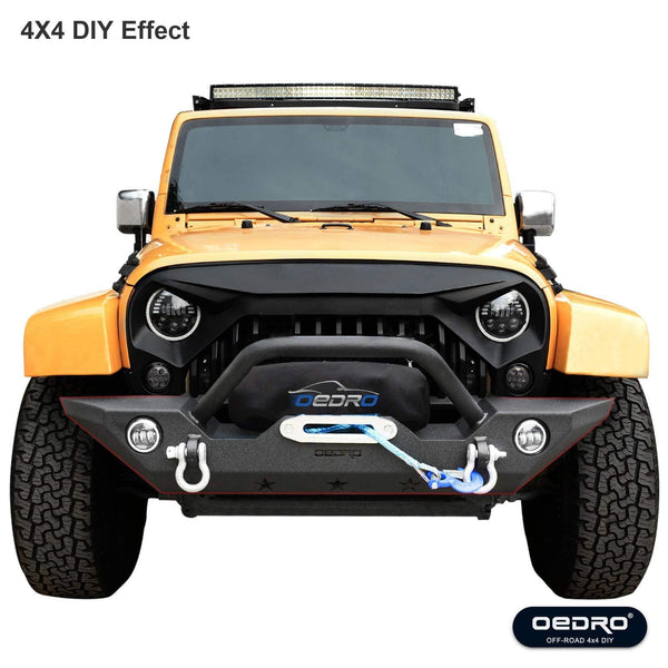 OEDRO Front Bumper Combo Compatible for 07-18 Jeep Wrangler JK & Unlimited with Winch Plate Mounting & 2 D-Rings, Upgraded Textured Black Rock Crawler Off Road Star Guardian Design