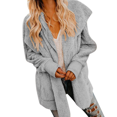 WEISUN Women Teddy Coat Winter Warm Hooded Cardigan Pocket Long Sleeve Open Front Jacket Coat Outerwear Gray