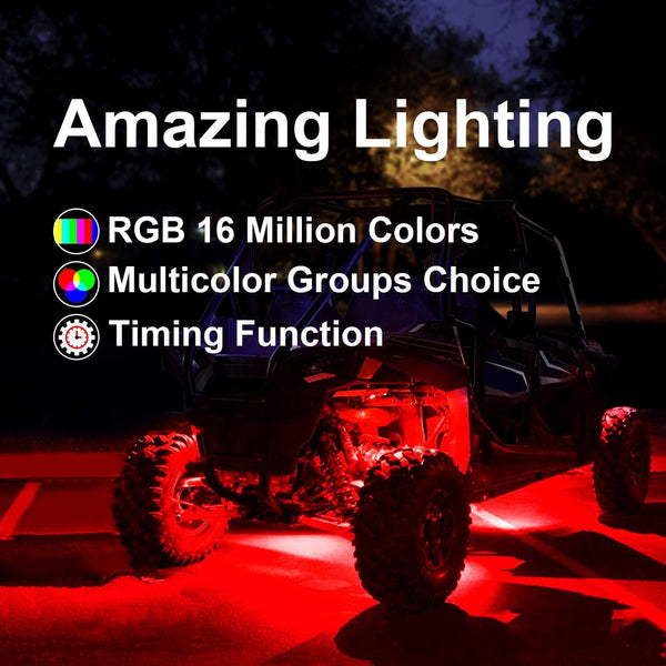 RGB LED Rock Light Kits, Teochew-LED 4 Pods RGB Rock Lights with Bluetooth Controller Multicolor LED Underglow Light Kits Neon LED Wheel Well Lights for RZR ATV UTV Truck SXS Jeep Car
