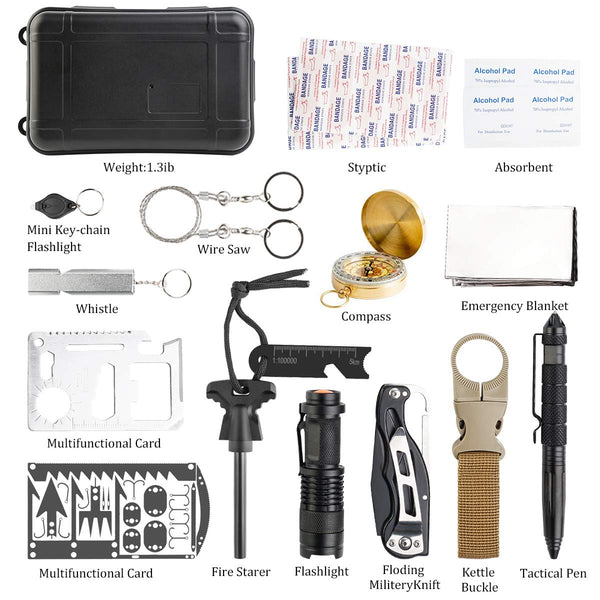 KITPIPI Survival Gear Kit 27 Pieces Outdoor Survival Tool Emergency Camping Gear with Compass Flintstones Saber Card Styptic for Adventure Outdoors Sport Best Gift for Men Boys