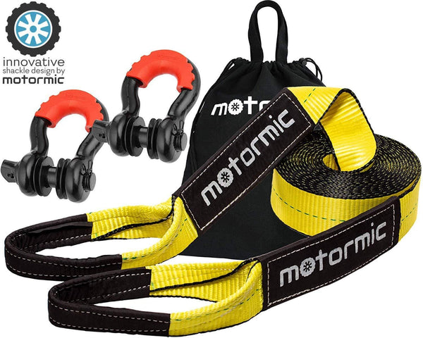 motormic Tow Strap Recovery Kit - 3" x 30ft (30,000 lbs.) Rope + 3/4" D Ring Shackles (2pcs.) + Storage Bag - Heavy Duty Straps for Winch - Truck, Car, ATV, Off Road Vehicle Towing