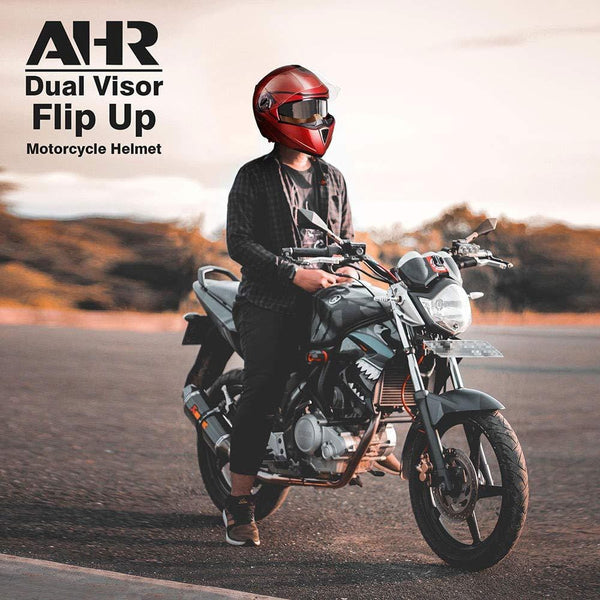 AHR Full Face Flip up Modular Motorcycle Helmet DOT Approved Dual Visor Motocross Red L