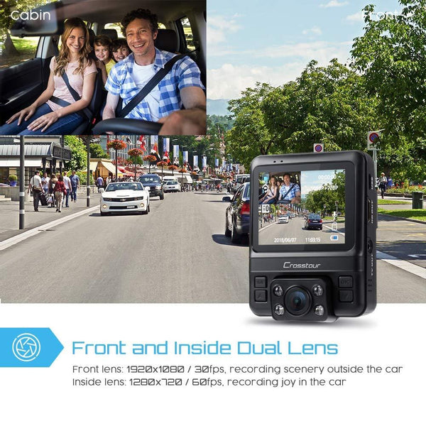 Uber Dual Lens Dash Cam Built-in GPS Car Camera Crosstour 1080P Front and 720P Inside with Parking Monitoring, Infrared Night Vision, Motion Detection, G-Sensor and WDR