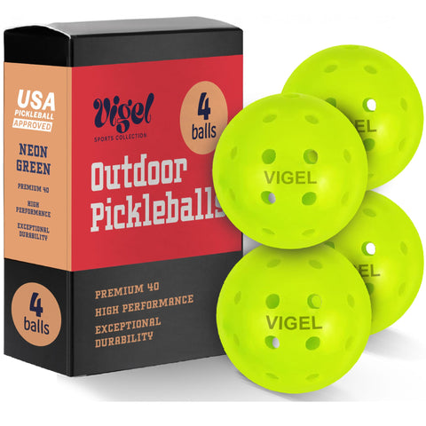 Vigel Premium Outdoor Pickleball Balls Set of 4 - USAPA Approved, Tournament and Competition play, Perfectly Balanced, High Bounce, True Flight, Durable, 40 Hole Pickleball, Ideal for All Skill Levels