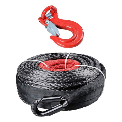 Anzio Set 92ft X 1/2 Inch 22000LBS Black Synthetic Winch Rope Line Cable w/Protective Sleeve + Red 28000 lbs 4X4 Half-Link Clevis Safety Latch Swivel Winch Hook Jeep Wrangler