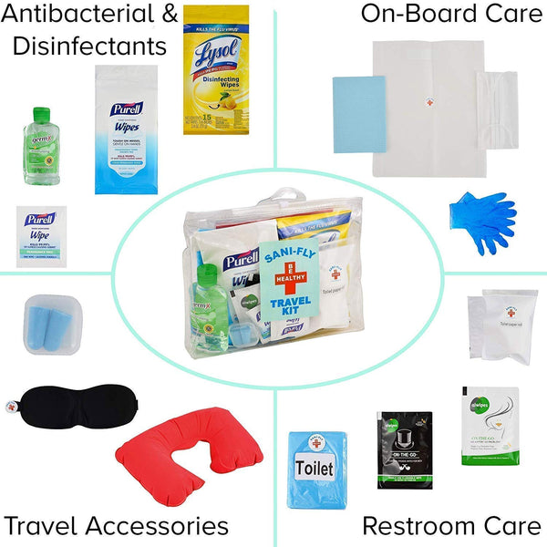 Sani-Fly Seat Sanitation Travel Kit OCD Cleaning Kit for Planes, Trains & Automobiles with Disinfecting, Sanitizing & Hygiene Wipes, Eye Mask, Neck Pillow, Tray & Headrest Covers, Rubber Gloves & More