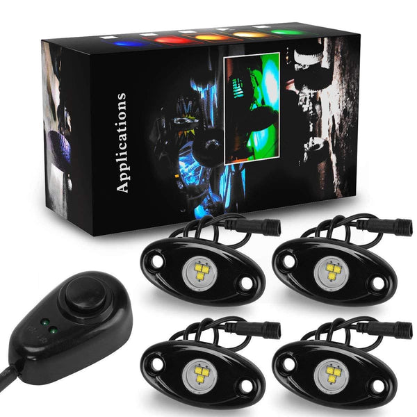 YITAMOTOR White LED Rock lights for Truck Jeep, 4 Pods Wheel Well Rock Lights Kit for RZR ATV UTV Car Vehicle Boat, with 3.6M Wiring Harness + 1.7M Dimmer Switch
