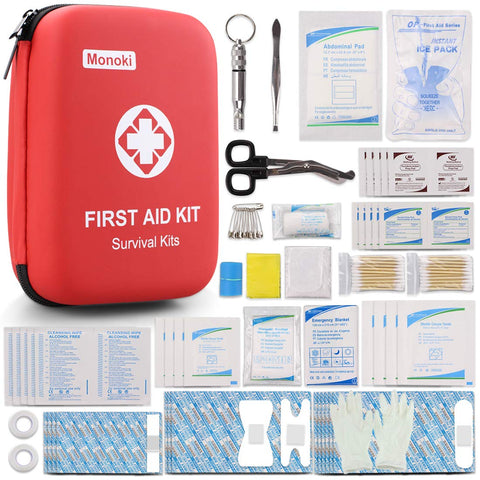 Monoki First Aid Kit Survival Kit, Emergency Survival Kit Medical Supplies Trauma Bag Safety First Aid Kit for Home, Office, School, Car, Boat, Travel, Camping, Hiking, Sports, Adventures