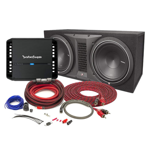 Rockford Fosgate Punch P300X1 Mono subwoofer Amplifier with Punch P1 ported Enclosure with 12" subwoofers and 4 Gauge Amplifier Power Wiring Kit and RCA Wire Bundle