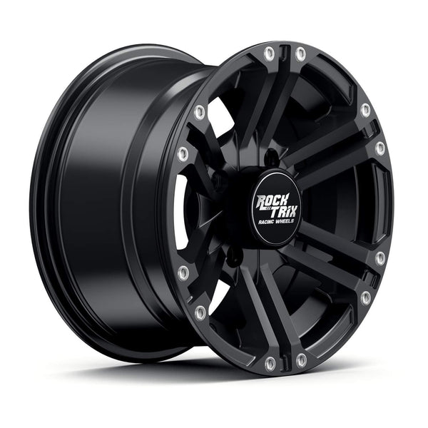 RockTrix RT101 4pc 12in ATV Wheels 4x110 Rims | 12x7 | 5+2 Offset | includes 10x1.25 Spline Lug Nuts | for IRS Honda Kawasaki Yamaha Foreman Rubicon Rincon Brute Force Kodiak Grizzly Rhino 4/110