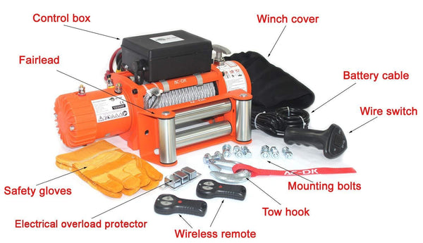 AC-DK 13500 lbs Electric Winch 12V DC Water Proof IP67 Recovery Winch with Steel Wire Rope Orange Color Come with Overload Protection Winch Dust Cover and 2 Wireless Remotes