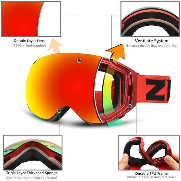 ZIONOR X6 Ski Snowboard Snow Goggles OTG for Men Women Youth Anti-Fog UV Protection Helmet Compatible (VLT 25.4% Red Frame Revo Red Lens)