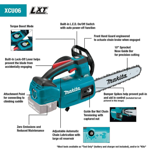 Makita XCU06Z LXT Lithium-Ion Brushless Cordless 10" Top Handle Chain Saw, Tool Only