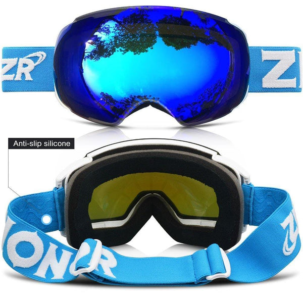 ZIONOR X4 Ski Snowboard Snow Goggles Magnet Dual Layers Lens Spherical Design Anti-Fog UV Protection Anti-Slip Strap for Men Women (VLT 13.67% Light White Frame Grey Revo Blue Lens)