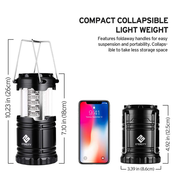 Etekcity 4 Pack LED Camping Lantern Portable Flashlight with 12 AA Batteries - Survival Kit for Emergency, Hurricane, Power Outage (Black, Collapsible) (CL10)