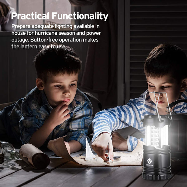Etekcity 4 Pack LED Camping Lantern Portable Flashlight with 12 AA Batteries - Survival Kit for Emergency, Hurricane, Power Outage (Black, Collapsible) (CL10)