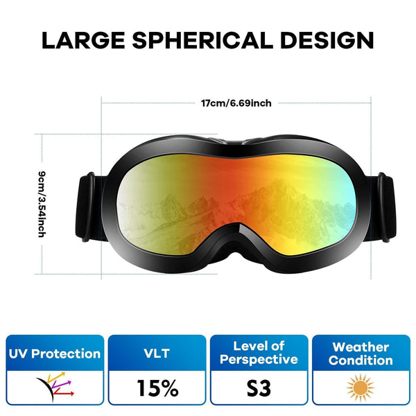 VELAZZIO Kids Ski Goggles, Snowboard Goggles OTG Snow Goggles Anti-Fog Double-Layer Lenses, 100% UV Protection (Black Frame/Grey Lens with REVO Red Coating (VLT 15%))