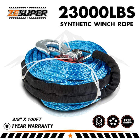 ZE SUPER SK75 3/8" x 100ft Dyneema Synthetic Winch Rope with Hook Car Tow Recovery Cable Synthetic Winch Rope Winch Line Cable 23000 LBs for ATV UTV SUV Truck Boat Ramsey (Blue)