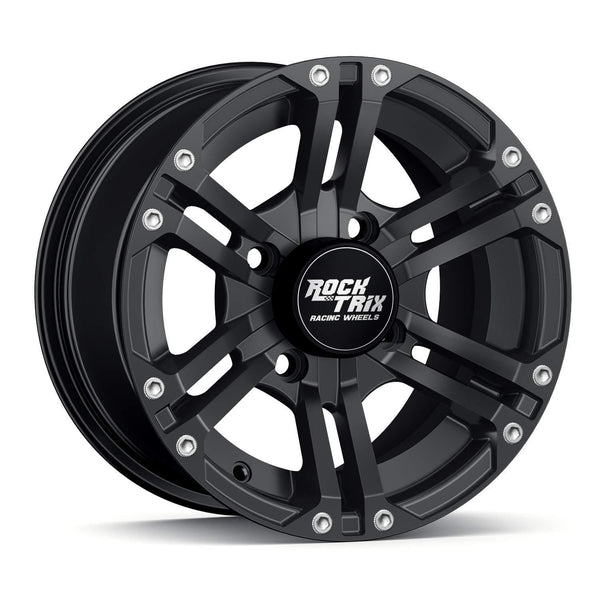 RockTrix RT101 4pc 12in ATV Wheels 4x110 Rims | 12x7 | 5+2 Offset | includes 10x1.25 Spline Lug Nuts | for IRS Honda Kawasaki Yamaha Foreman Rubicon Rincon Brute Force Kodiak Grizzly Rhino 4/110