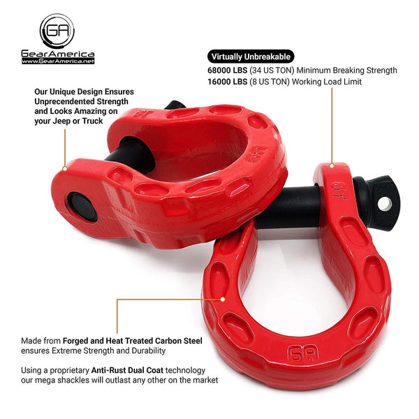 GearAmerica Mega Duty D Ring Shackles Red (2PK) | 68000 lbs (34 Ton) Tested Strength | 3/4" Shackle + 7/8 Pin + Washers| Securely Connect Tow Strap or Winch Rope to your Jeep for Off-Road 4x4 Recovery
