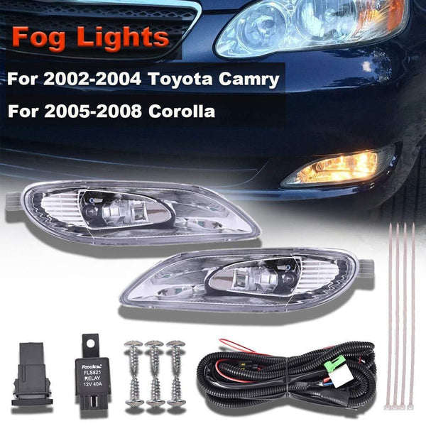 shamoluotuo Clear Fog Lights Kit for 2002-2004 Toyota Camry/2005-2008 Corolla w/ Chrome Cover Black Bezel Wiring Switch Bulbs Left & Right Bumper Driving Assembly Lamps OEM Requirements (White)