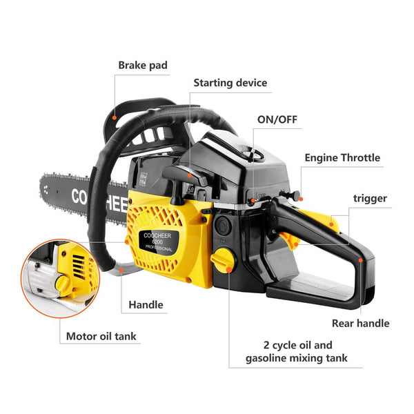 Tinfancy 20 Inch Gas Chainsaw 62CC 2-Stroke Gasoline Powered Chain Saw with Tool Kit for Cutting Trees, Wood, Yellow