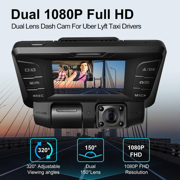 Pruveeo C2 Dash Cam with Infrared Night Vision, Dual 1080P Front and Inside, Dash Camera for Cars Uber Truck Taxi