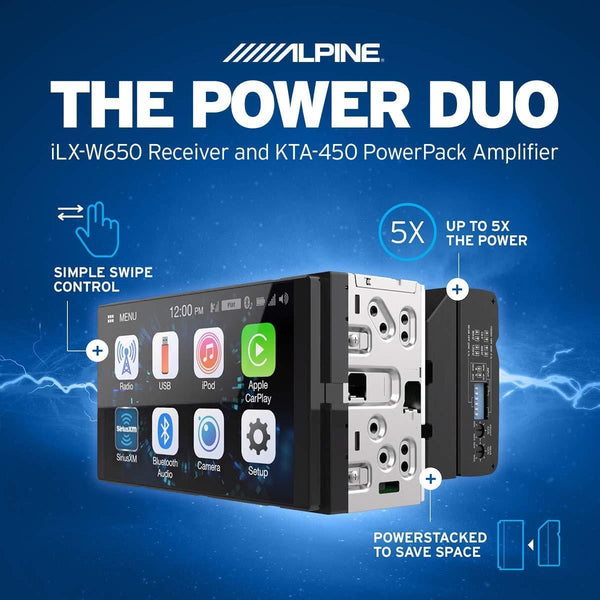 Alpine iLX-W650 Receiver Compatible with CarPlay and Android Auto - Includes KTA-450 4-Channel Power Pack Amp - Ultra Pickleball