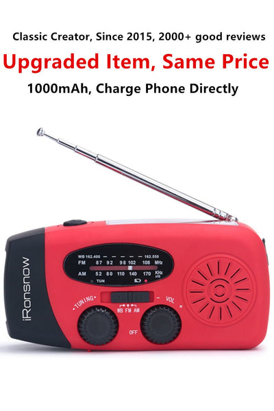 (Classic Creator) iRonsnow Solar Emergency NOAA Weather Radio Dynamo Hand Crank Self Powered AM FM WB Radios 3 LED Flashlight 1000mAh Smart Phone Charger Power Bank(Red)