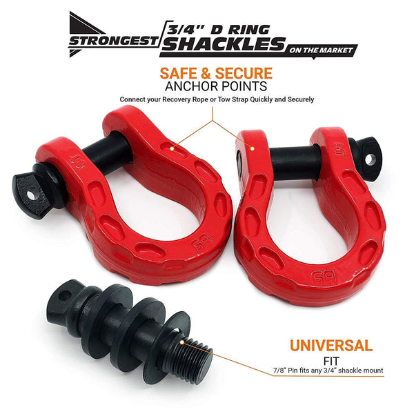 GearAmerica Mega Duty D Ring Shackles Red (2PK) | 68000 lbs (34 Ton) Tested Strength | 3/4" Shackle + 7/8 Pin + Washers| Securely Connect Tow Strap or Winch Rope to your Jeep for Off-Road 4x4 Recovery