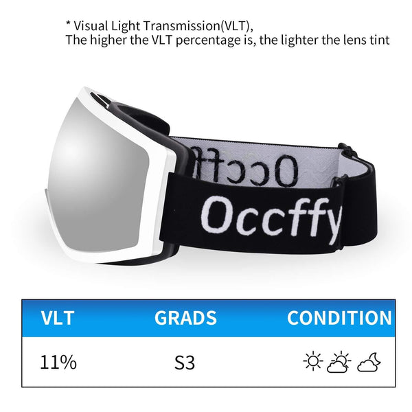 Occffy Ski Goggles Snowboard Sports OTG Goggles, UV Protection Skiing Goggles with Anti Fog for Mens Womens Youth Helmet Compatible HX001 (HX001 White Frame with Silver Lens(VLT11%))