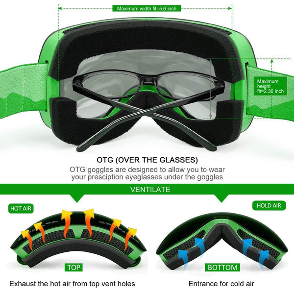 Supertrip Ski Snowboard Goggles for Men & Women Over The Glasses Snow Goggles Anti Fog 100% UV Protection Double Lens Interchangeable Lens for Skiing (Gray Revo Green(VLT 12%) Without case)