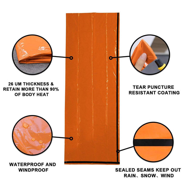 Delmera Emergency Survival Sleeping Bag, Lightweight Waterproof Thermal Emergency Blanket, Bivy Sack with Portable Drawstring Bag for Outdoor Adventure, Camping, Hiking, Orange (Orange- one Pack)
