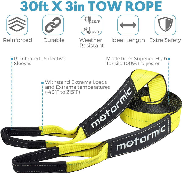 motormic Tow Strap Recovery Kit - 3" x 30ft (30,000 lbs.) Rope + 3/4" D Ring Shackles (2pcs.) + Storage Bag - Heavy Duty Straps for Winch - Truck, Car, ATV, Off Road Vehicle Towing