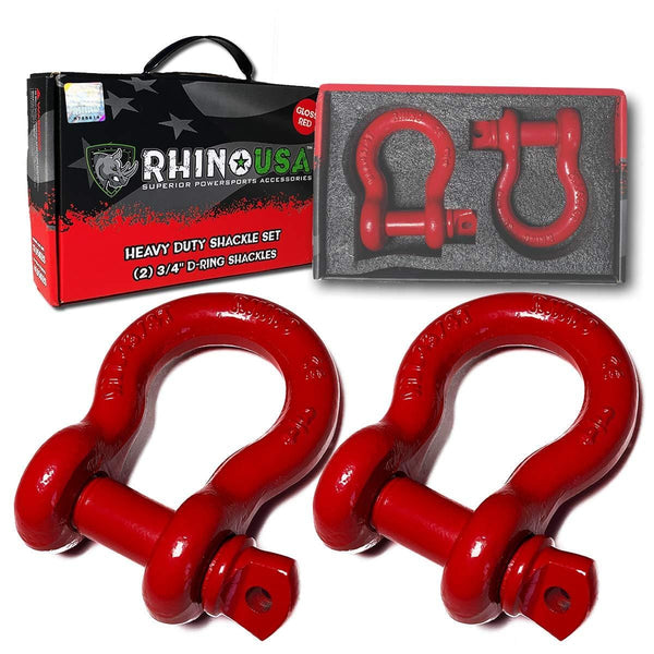 Rhino USA D Ring Shackle (2 Pack) 41,850lb Break Strength - 3/4" Shackle with 7/8 Pin for use with Tow Strap, Winch, Off-Road Jeep Truck Vehicle Recovery, Best Offroad Towing Accessories (RED Gloss)