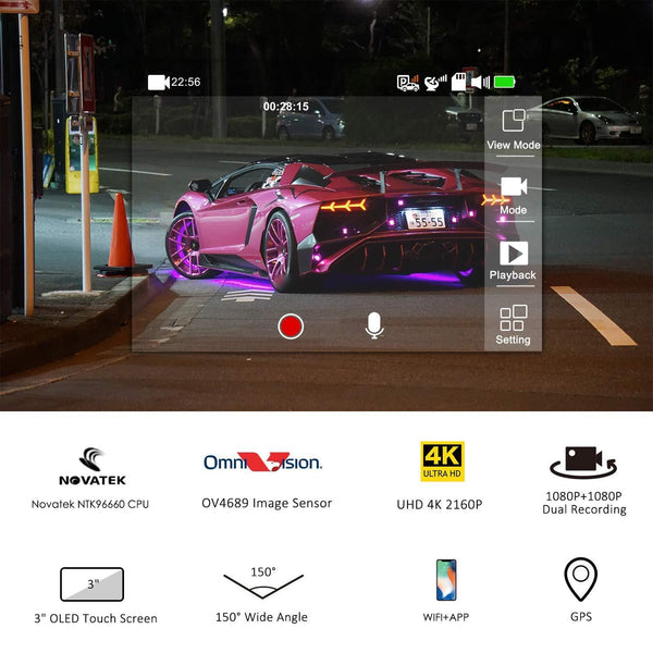 Lifechaser Dual Dash Cam 4K Front and Rear Car Camera 1080P+1080P, 3" OLED Touch Screen WiFi GPS Night Mode 150°, Parking Mode, Time Lapse, WDR, G-Sensor, Loop Recording for Cars, Trucks