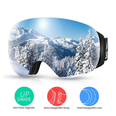 SKL Ski Goggles Over Glasses Snowboard Goggles for Men Women Youth, Frameless UV400 Protection Anti Fog OTG Snow Goggles with Interchangeable Lens and Straps