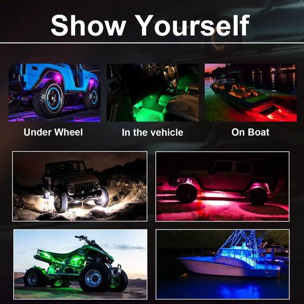 RGB LED Rock Light Kits, Teochew-LED 4 Pods RGB Rock Lights with Bluetooth Controller Multicolor LED Underglow Light Kits Neon LED Wheel Well Lights for RZR ATV UTV Truck SXS Jeep Car