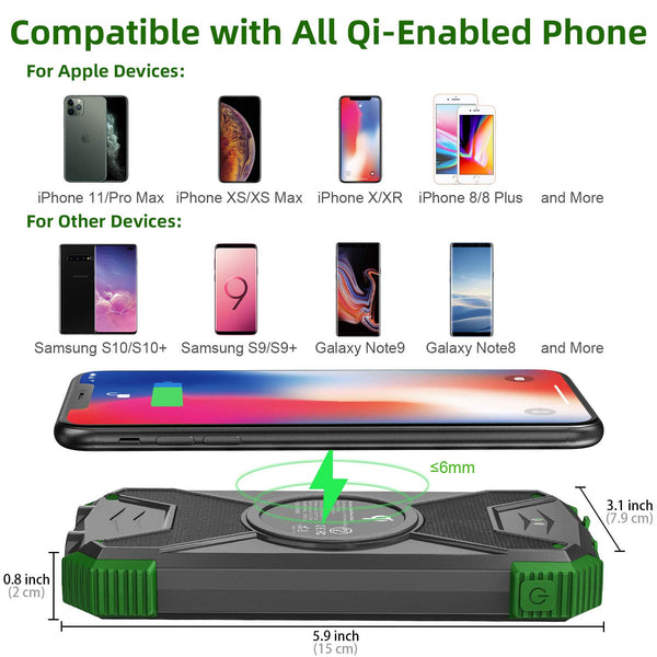Solar Charger 10000mAh, Portable Solar Power Bank IPX4 Splashproof Outdoor Travel Qi Wireless Solar Panel Charging External Battery Pack with DC5V/2.1A USB Output/Type-C Input/Dual Flashlight/Compass
