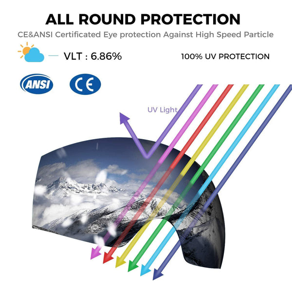 WhiteFang Ski Goggles, Over Glasses OTG Snow/Snowboard Goggles for Men Women & Youth, Anti-Fog Dual Layer Lens & 100% UV400 Protection (Bright Silver Frame-Silver Lens VLT 7%)