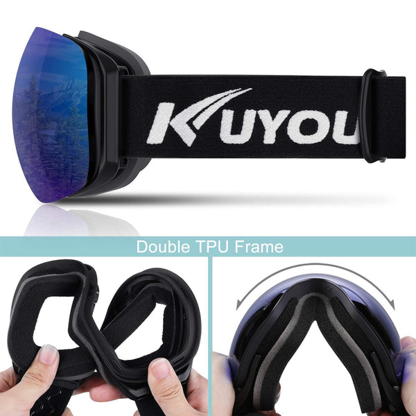 KUYOU Ski Goggles Men Women, Large Spherical Frameless Snow Goggles Interchangeable Lens OTG Double Lens Snowboard Goggles Anti-Fog Shatterproof 90°Bendable UV400 Protection