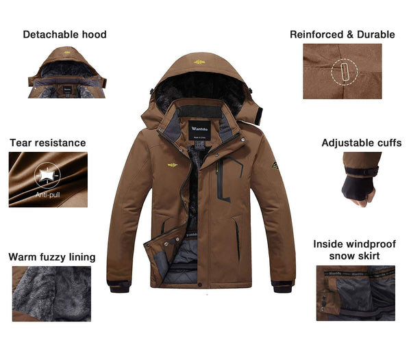 Wantdo Men's Waterproof Mountain Jacket Fleece Windproof Ski Jacket US S  Coffee S