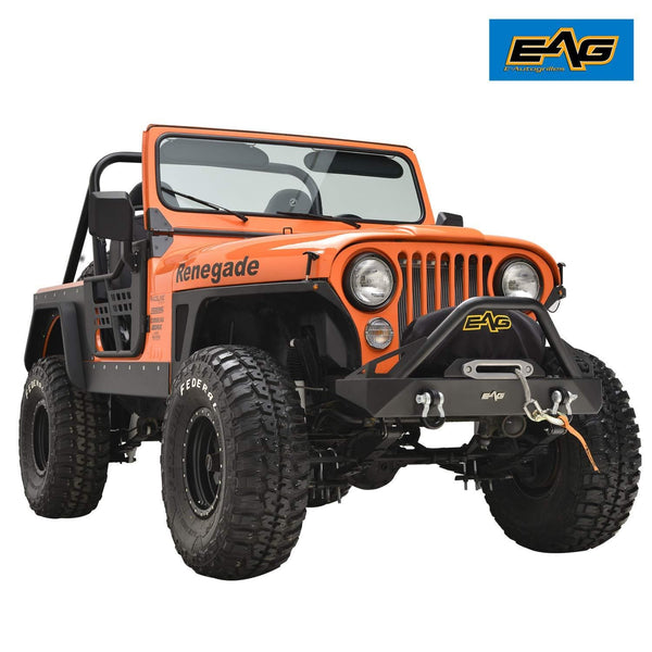 EAG Stubby Front Bumper with Winch Plate and D-Rings Black Textured Fit for 76-86 Jeep Wrangler CJ
