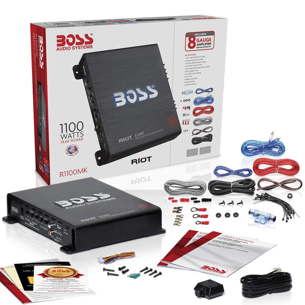 BOSS Audio Systems R1100MK Car Amplifier and 8 Gauge Wiring Kit - 1100 Watts Max Power, 2 4 Ohm Stable, Class AB, Monoblock, Mosfet Power Supply, Remote Subwoofer Control