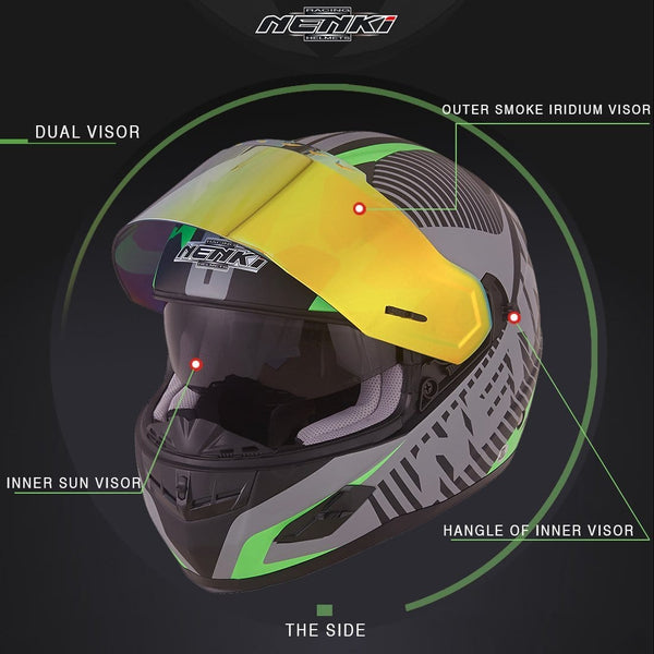NENKI Helmets NK-856 Full Face Motorcycle Helmets DOT Approved With Iridium Red Visor and Inner Sun Shield,Fiberglass Shell (L,Matt Black & Green)