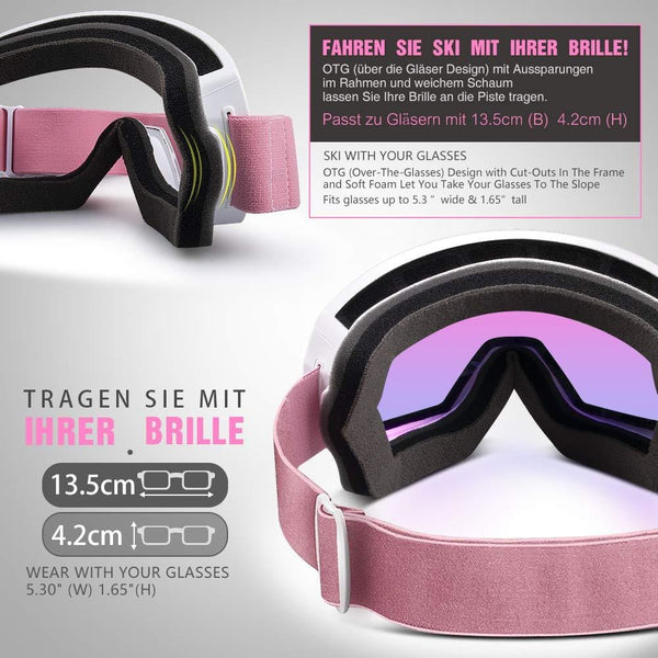 OutdoorMaster OTG Ski Goggles - Over Glasses Ski / Snowboard Goggles for Men, Women & Youth - 100% UV Protection (White Frame + VLT 45% Purple Lens with Full REVO Red)
