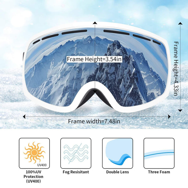 Occffy Ski Goggles Snowboard Sports OTG Goggles, UV Protection Skiing Goggles with Anti Fog for Mens Womens Youth Helmet Compatible HX001 (HX001 White Frame with Silver Lens(VLT11%))