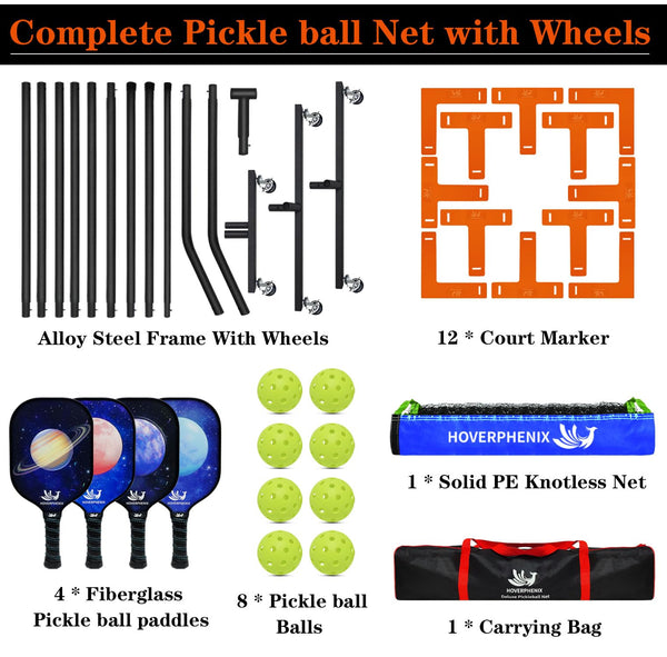 Portable Pickleball Net Set with Wheels, 22ft Regulation Size Pickleball Net System with 4 Fiberglass Paddles, 8 Outdoor Pickleball Balls and Carry Bag for Backyard and Driveway