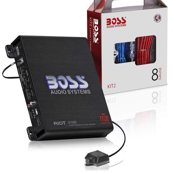 BOSS Audio Systems R1100MK Car Amplifier and 8 Gauge Wiring Kit - 1100 Watts Max Power, 2 4 Ohm Stable, Class AB, Monoblock, Mosfet Power Supply, Remote Subwoofer Control